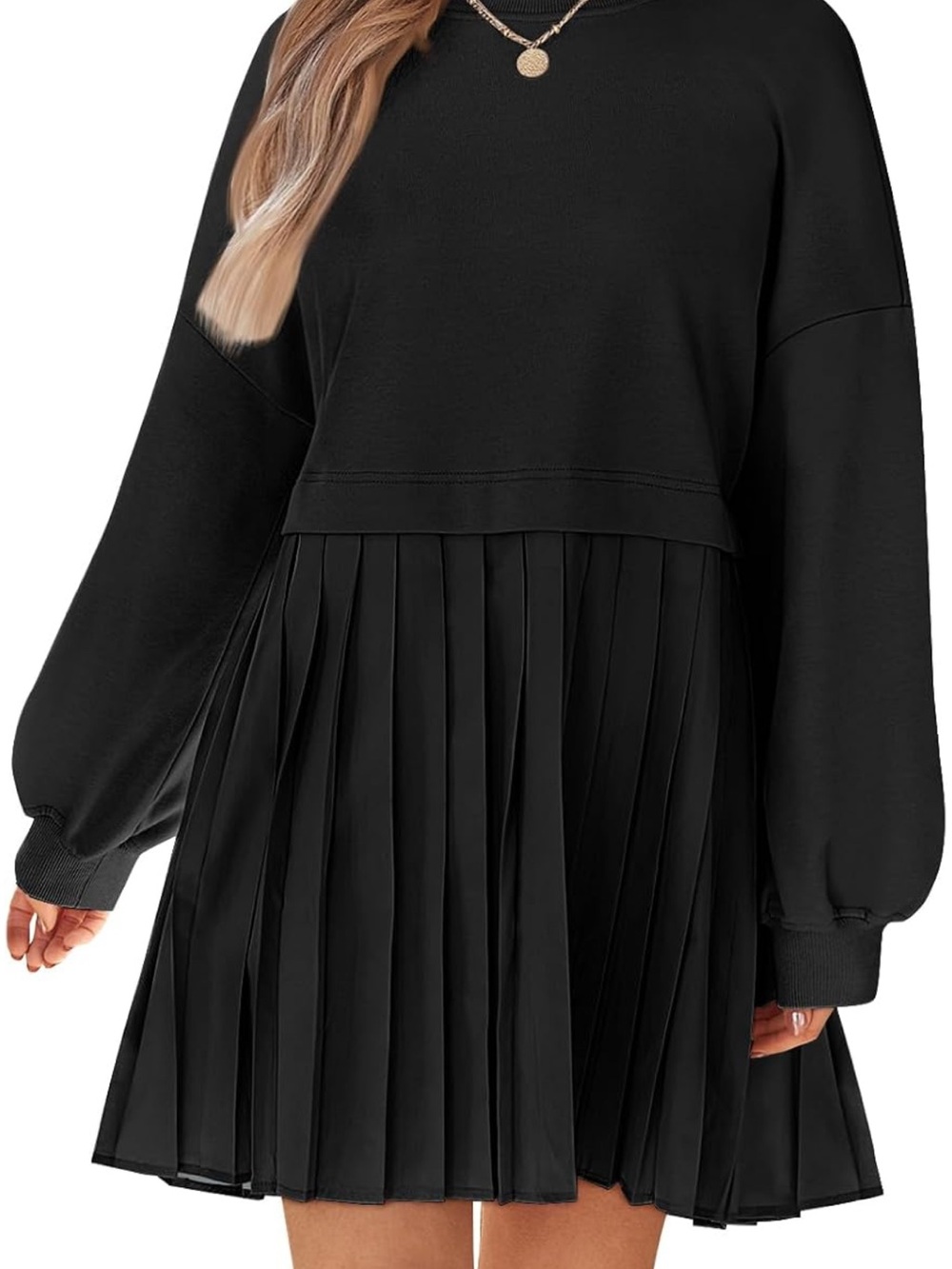 Black Pleated Sweatshirt Mini Dress - Women